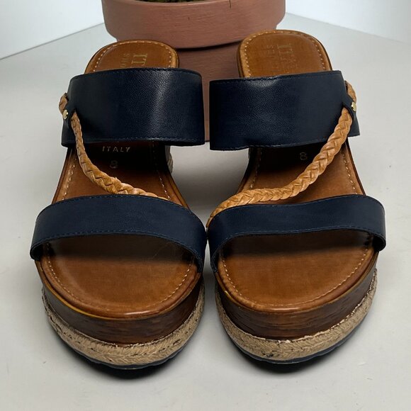 Italian Shoemaker Wedge Sandals 8 Brown Tan Black Platform Espadrille Slide Heel - Picture 4 of 8